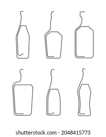 Botella línea continua martini, whisky, ron, licor, champán, vermouth en un estilo lineal sobre fondo blanco. Grosor fino negro sólido. Diseño gráfico moderno de estilo plano. Ilustración del elemento de logotipo.
