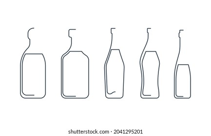 Bottle continuous line tequila, rum, vermouth, martini and wine in linear style on white background. Solid black thin outline. Modern flat style graphic design. Logo element illustration. Vector.