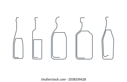 Frasco de tequila de línea continua, vodka, vermouth, ron y vino en un estilo lineal sobre fondo blanco. Grosor fino negro sólido. Diseño gráfico moderno de estilo plano. Ilustración del elemento de logotipo. Símbolo de contorno