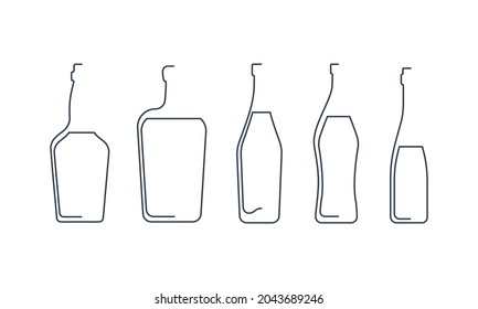 Bottle continuous line whiskey, liquor, vermouth, martini and wine in linear style on white background. Solid black thin outline. Modern flat style graphic design. Logo element illustration. Vector.