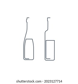 Botella de vino de línea continua y vodka en estilo lineal sobre fondo blanco. Grosor fino negro sólido. Diseño gráfico moderno de estilo plano. Ilustración del elemento de logotipo. Símbolo de bebida de contorno. Vector.

