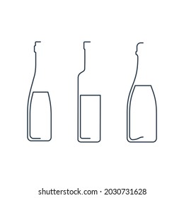 Bottle continuous line wine, vodka and champagne in linear style on white background. Solid black thin outline. Modern flat style graphic design. Vector logo element illustration. Contour drink symbol