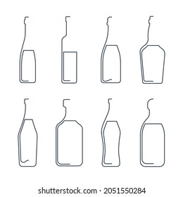 Bottle continuous line wine, vodka, champagne, whiskey, martini, rum, vermouth, tequila in linear style on white background. Solid black thin outline. Modern flat style. Logo element illustration.