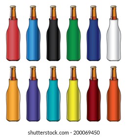 Bottle Coolers is an illustration of blank cooler with glass bottles in twelve different colors. Great for mock ups.