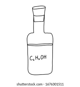 A bottle with a cork with an alcohol formula drawn in the Doodle style .Black and white image isolated on a white background.Antiseptic for viruses and bacteria.Alcohol.Vector illustration