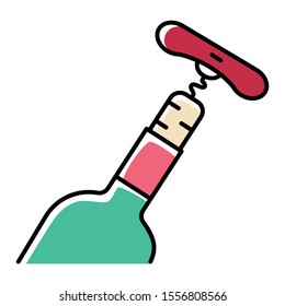 Bottle with cork and corkscrew icon. Wine service. Winery tool. Alcohol beverage, aperitif, drink. Sommelier, barman. Bar, restaurant equipment and glassware. Isolated vector illustration