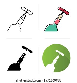 Bottle with cork and corkscrew icons set. Winery tool. Alcohol beverage, aperitif, drink. Sommelier, barman. Flat design, linear, black and color styles. Isolated vector illustrations