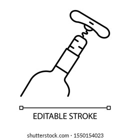Bottle with cork and corkscrew linear icon. Wine service thin line illustration. Winery tool contour symbol. Alcohol beverage, aperitif, drink. Vector isolated outline drawing. Editable stroke