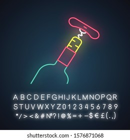 Bottle with cork and corkscrew neon light icon. Wine service. Winery tool. Alcohol beverage. Sommelier, barman equipment. Glowing sign with alphabet, numbers and symbols. Vector isolated illustration