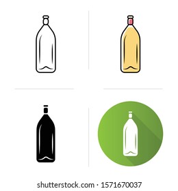 Bottle with cork icons set. Aperitif, winery. Bar, restaurant. Party, holiday, event tableware, glassware. Flat design, linear, black and color styles. Isolated vector illustrations