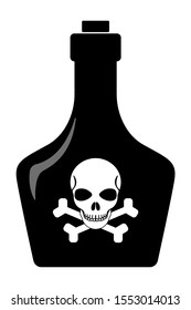 A bottle with a cork inside and poison inside. A black silhouette of a bottle with a skull and crossbones on it. Vector stock illustration.