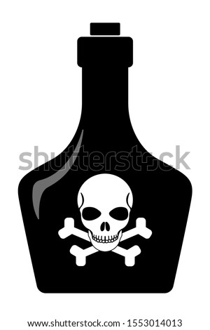 A bottle with a cork inside and poison inside. A black silhouette of a bottle with a skull and crossbones on it. Vector stock illustration.