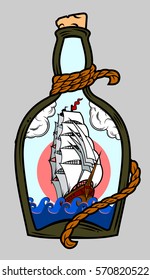 A bottle with a cork, which is sailing ship with sails, Old school tattoo style