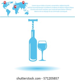 The bottle with the corkscrew and wineglass  icon. Vector design.
