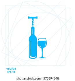 The bottle with the corkscrew and wineglass  icon. Vector design.