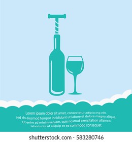The bottle with the corkscrew and wineglass  icon. Vector design.