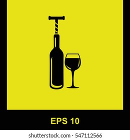 The bottle with the corkscrew and wineglass vector black icon. Isolated illustration. Business picture.