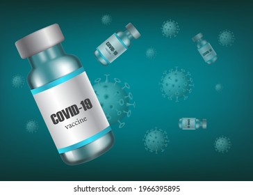 A bottle of coronavirus vaccine or COVID-19 vaccine on a background full of coronavirus, vector 3d for blank space for text