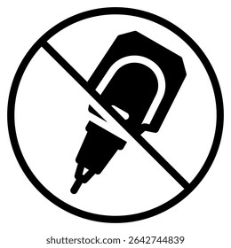 A bottle of correction fluid inside a prohibition circle indicates the product is forbidden or not allowed Use this in regulations and warnings.