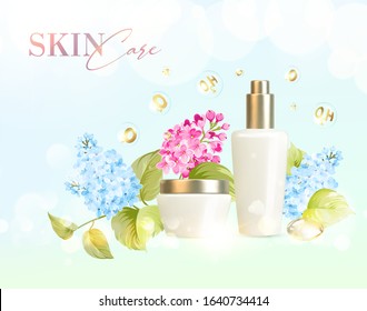 Bottle for cosmetic lotion and jar of cream. Regenerate cream for hands, white bottle over pink background with blossom lilac flowers composition. Moisturizer with Vitamins and Regenerate Cream vector