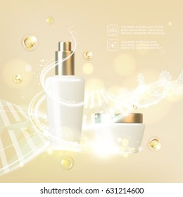 Bottle of cosmetic lotion and jar of cream. Regenerate cream for hand from white bottle over golden dna background. Vector illustration.