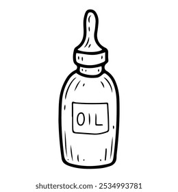 Bottle of cosmetic oil hand drawn doodle. Beauty tool. Skin moisturizing. Care procedures. Healthy lifestyle. Vector line art illustration.