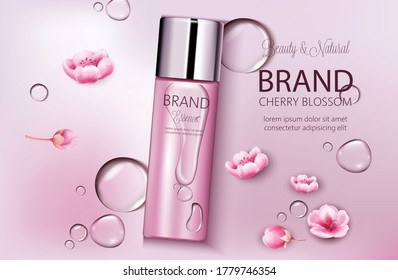Bottle of cosmetics cherry blossom. Product placement. Natural beauty. Place for brand. Water drops background. Realistic vector