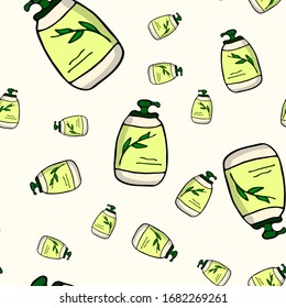 Bottle of cosmetics with dispenser for emulsions, oil, soap. Seamless pattern. Simple hand drawn vector illustration in doodle style. Design for print, poster, design.