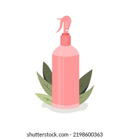 Bottle cosmetics on plant background. Concept of tools beauty and skin care, spray, eco, cleanser. Vector flat  illustration.