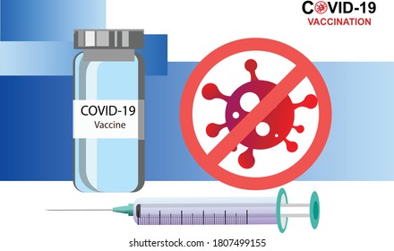 Bottle with COVID-19 vaccine in hand, abstract symbol of the virus, the inscription - vaccination, injection syringe. Vector drawing for the promotion of disease prevention.