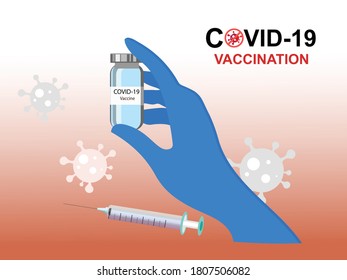 Bottle with COVID-19 vaccine in hand in blue glove, abstract symbols of the virus in the background, the inscription - vaccination and injection syringe. Vector drawing for the promotion of disease pr
