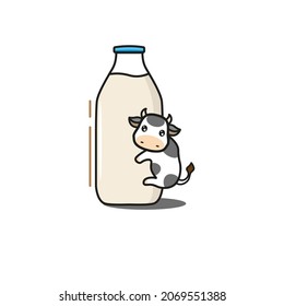 
a bottle of cow's milk being hugged by a cute cow