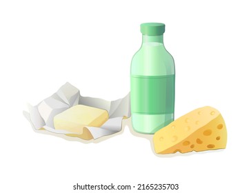 A Bottle Of Cow's Milk, Hard Yellow Cheese And Butter In A Paper Package On A White Isolated Background In Vector. Dairy And Food Products. Calcium And Minerals. Proper Nutrition. Vector Illustration.