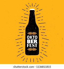 Bottle with craft beer and english text, hand drawn illustration. Colorful backdrop vector. Oktoberfest, poster design. Decorative wallpaper, good for printing. Background with beverage