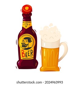 Bottle of craft beer and a glass full of light beer with foam. Isolated vector illustrations.