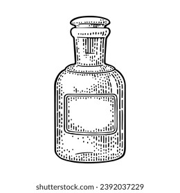Bottle with craft label. Vintage vector black engraving illustration. Isolated on white background. Hand drawn design element for label, poster, web