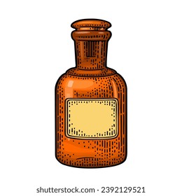 Bottle with craft label. Vintage vector color engraving illustration. Isolated on white background. Hand drawn design element for label, poster, web