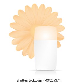 Bottle of cream with orange flower on white background