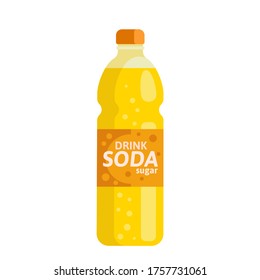 Bottle of cream-soda drink. Plastic bottle of fizzy lemonade orange color. Fresh orange juice. Vector illustration, flat design element, cartoon style. Isolated on white background.