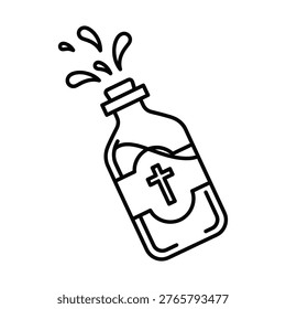 A bottle with a cross on the label and liquid splashing from its neck.