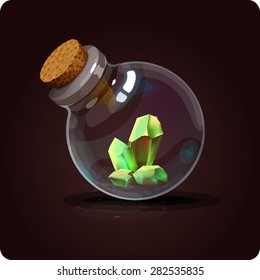 bottle with crystal . Game icon of magic elixir. Vector design for app user interface