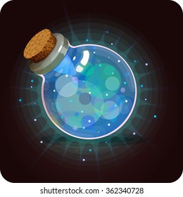 Bottle cyan shine. Game icon of magic elixir. Vector design for app user interface. Mana, disguise, heroism, mend