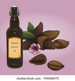 Bottle of dark glass with butter and almonds