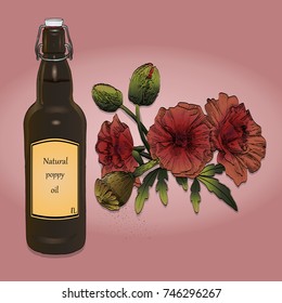Bottle of dark glass with oil and flowers with poppy seeds