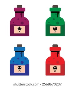 Bottle of Deadly Poison Flat Style Isolated on White Set. Chemicals and dangerous potion drink concept vector art