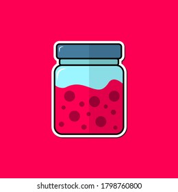 The bottle design contains a pink viscous liquid isolated on burgundy background. Cartoon Concept. Vector illustration. Suitable for landing pages, icons, stickers and posters.