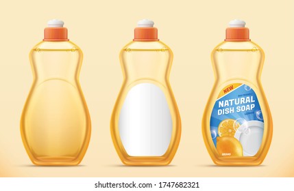 Bottle design for dishwashing liquid soap in 3d illustration, isolated on light yellow background