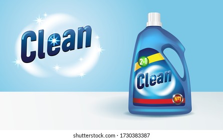 Bottle Of Detergent With Label Realistic Mockup. Cleaning Product Realistic Design. Liquid Washing Supply Advertisement, Vector Illustration