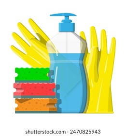 Botella de detergente, esponja y guantes de goma. Accesorios para lavar platos y limpieza de la casa. Lavavajillas. Ilustración vectorial en estilo plano