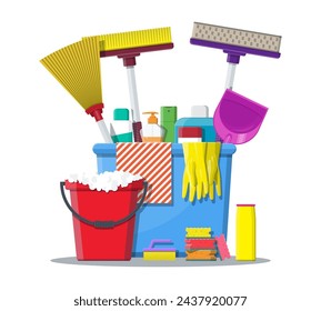 Bottle of detergent, sponge, soap and rubber gloves. Bucket, MOP, broom, dustpan. Accessories for washing dishes and house cleaning. Dishwashing. Vector illustration in flat style